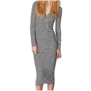 Free People Beach Midi Bodycon Dress Black White Striped SZ M V-neck Long Sleeve
